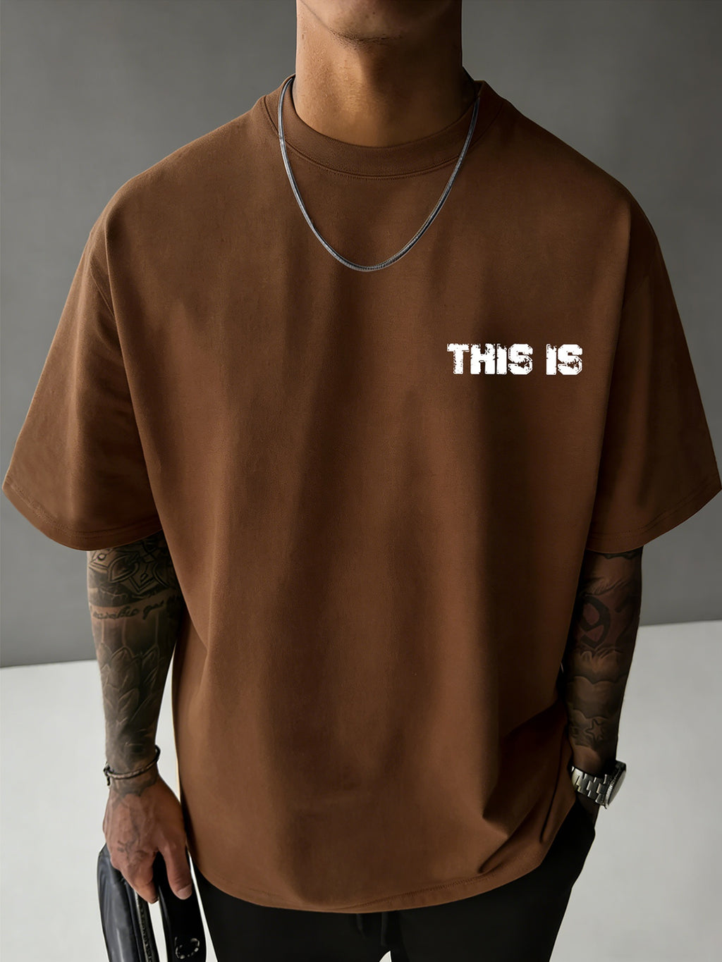 Men's 100% Pure Cotton Comfortable and Breathable T-Shirt, Gym Barbell Print, for All-Season Casual Sports and Fitness - Coffee Brown
