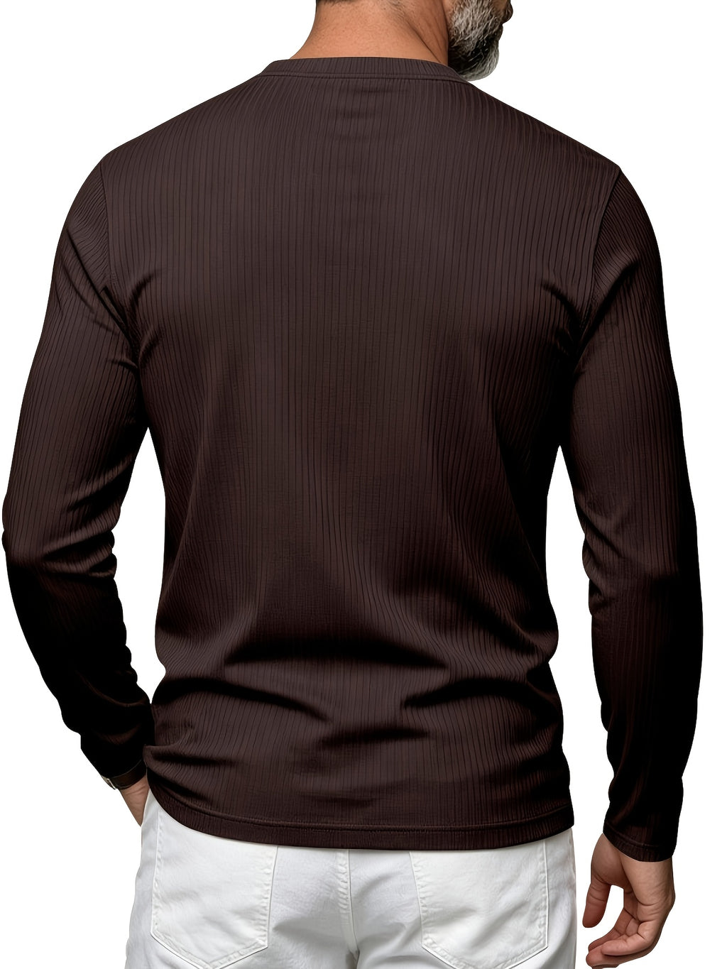 Men's Vertical Pin-Stripe V-Neck Henley Long-Sleeve T-Shirt, Slim Fit Stretch Textured Top, Spring/Autumn Casual Base Layer Men's Apparel - Dark Brown