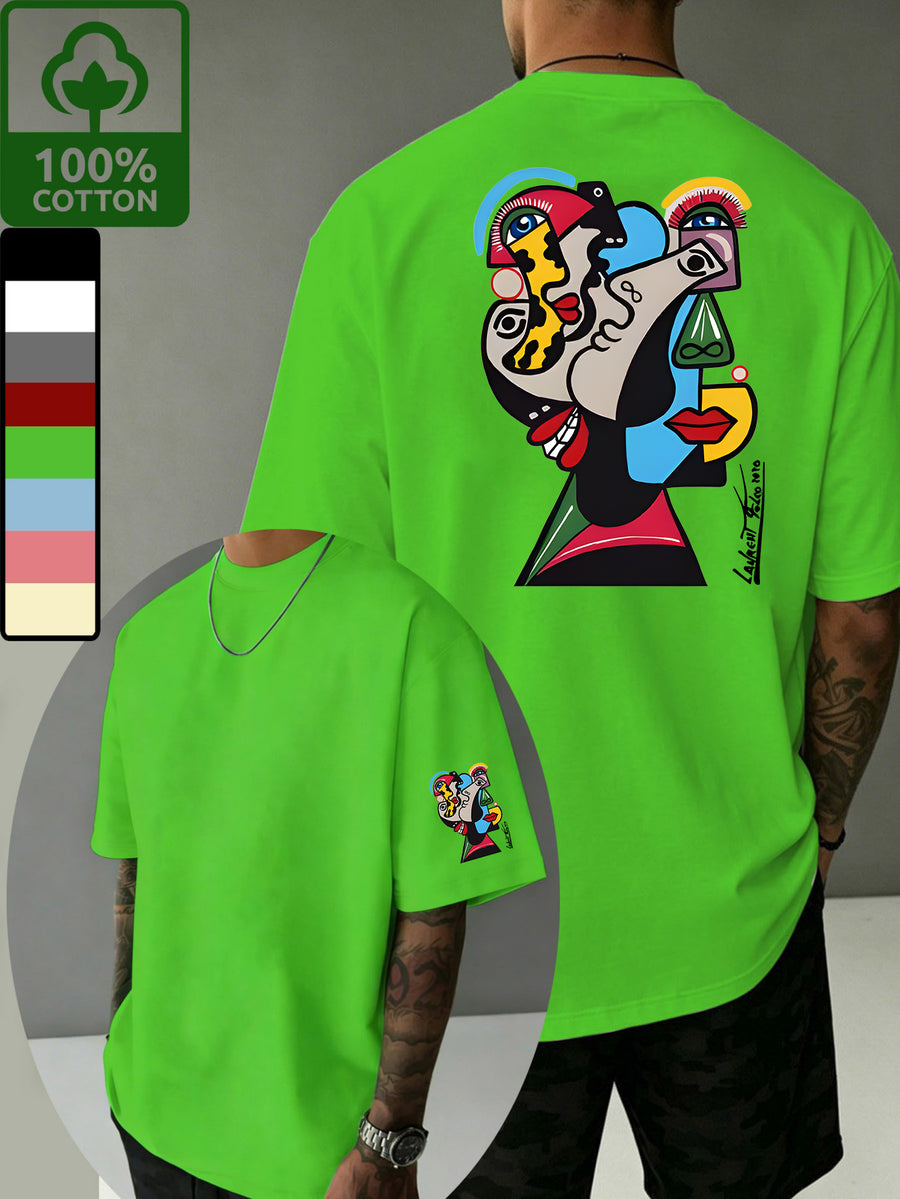 Summer High-Quality Fine Stitching Pure Cotton Casual Three-Dimensional Color-Block Picasso-Style Abstract Face Illustration Short-Sleeve Simple Streetwear Brand Printed Fashion Sporty Trendy Versatile Half-Sleeve Breathable T-Shirt Comfortable Home - Grass Green