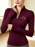 Women'S Solid Color Half-Zipper Long Sleeve Top, Waist-Cinching Warm T-Shirt - Burgundy