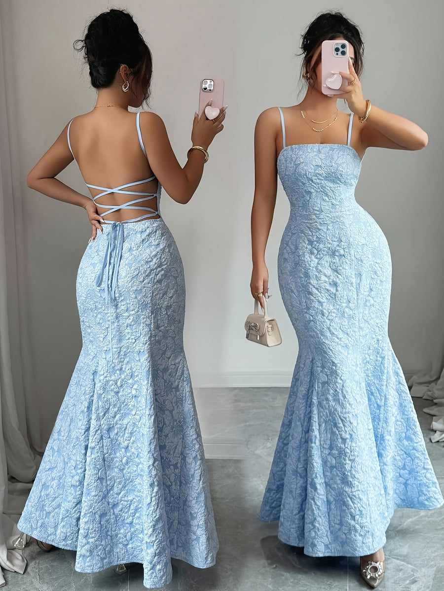 Elegant Women's Back-Tie Mermaid Backless Slim Suspender Dress - Blue