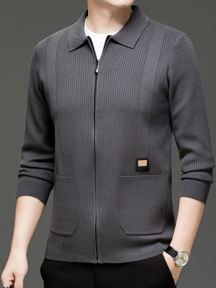 Du Jing Lan OBM Spring/Autumn New Arrival Men's Knitted Cardigan, Old Money Style Solid Color Striped Zipper Front Lapel Knit Cardigan, Men's Business Casual Fashion Zipper Front Knit Cardigan Top, Suitable for Spring, Autumn, and Winter - Dark Gray