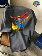 Back-To-School Season Warner Authorized, Men'S Casual T-Shirt, Soft Breathable Fabric Lightweight Short Sleeve, DC Genuine Superman Dynamic Flying Pose Colorful Resin Drop Trendy Print, Lightweight Comfortable Fit - Dark Gray