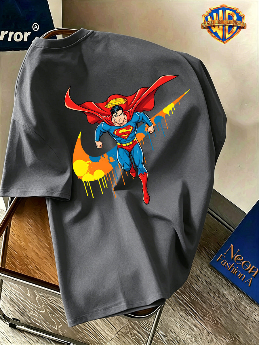 Back-To-School Season Warner Authorized, Men'S Casual T-Shirt, Soft Breathable Fabric Lightweight Short Sleeve, DC Genuine Superman Dynamic Flying Pose Colorful Resin Drop Trendy Print, Lightweight Comfortable Fit - Dark Gray