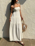 Textured Fabric, Ruched Elastic Waist, Sleeveless Dress, Loose-fitting Effect, Vacation Style - White