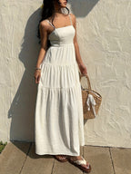 Textured Fabric, Ruched Elastic Waist, Sleeveless Dress, Loose-fitting Effect, Vacation Style - White