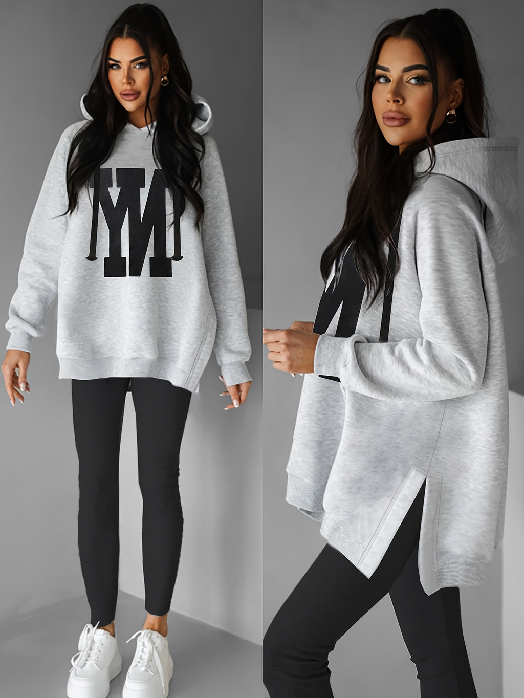 Autumn and Winter Women's Casual Letter Print Long-Sleeve Hooded Sweatshirt with Split Hem Design + Color-Block Drawstring, Fleece-Lined for Warmth, Stylish and Versatile Fashion Pullover A9750-1 - Light Grey