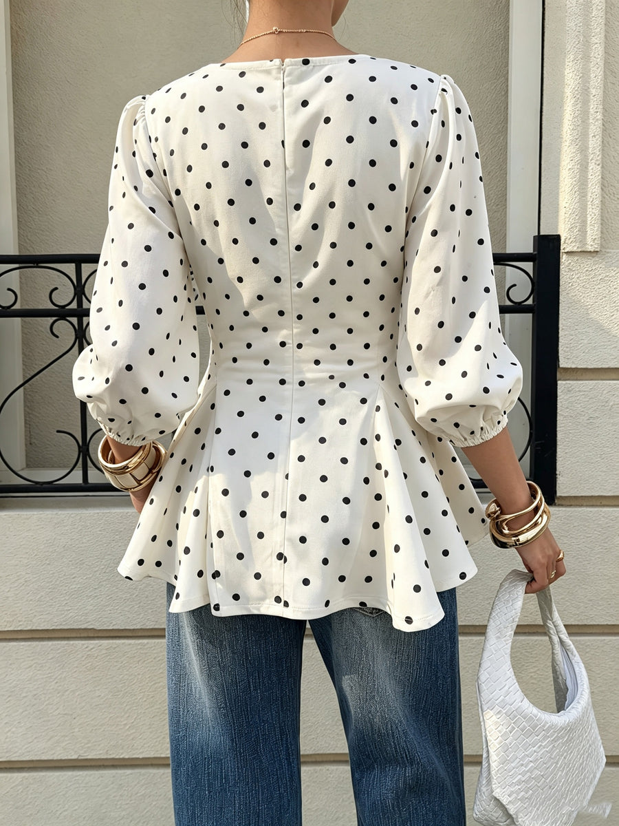 Women'S Cream White Black Polka Dot Ruffled Blouse, Boat Neck Puff Long Sleeve Slim Waist Flared Hem Casual Office Top - White