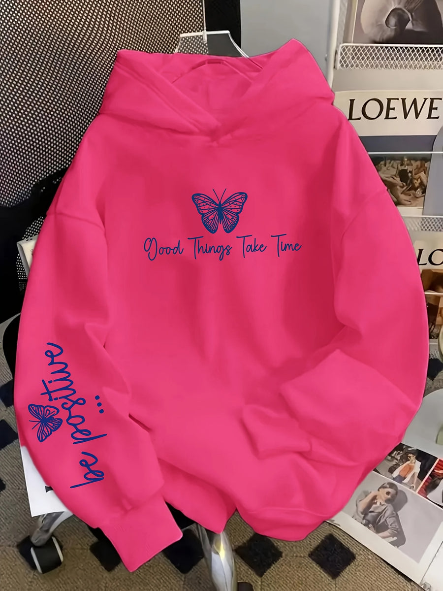 Vintage Slogan and Butterfly Print Long-Sleeve Sweatshirt, Suitable for Daily Casual Wear, Outdoor Picnics, Street Photography, and Use, Applicable for Autumn and Winter Seasons - Rose Red