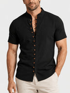 [Pearson Obm] 3pcs Men'S Mandarin Collar Multi Button Shirts Textured Lightweight Breathable Slim Fit Casual Tops Vintage Style for Summer Beach Vacation Travel And Daily Wear - Black+Navy+Blue