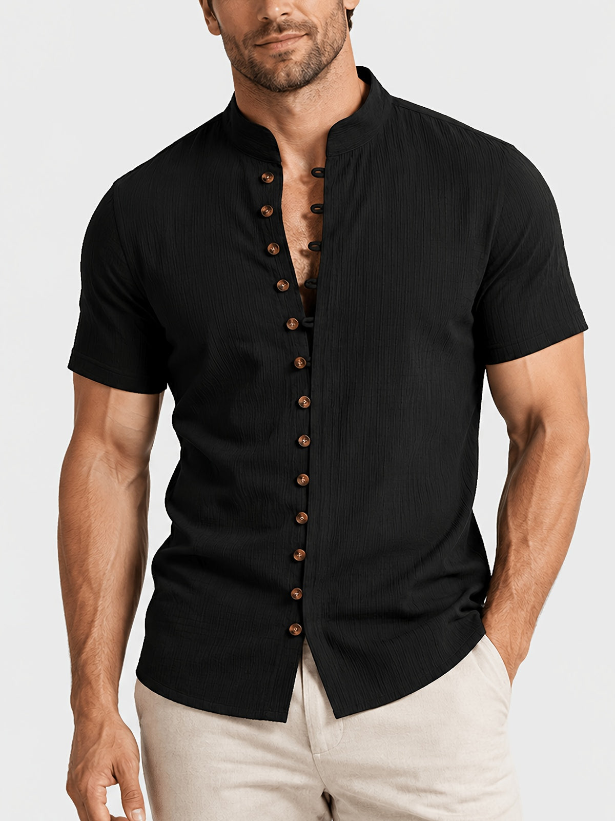[Pearson Obm] 3pcs Men'S Mandarin Collar Multi Button Shirts Textured Lightweight Breathable Slim Fit Casual Tops Vintage Style for Summer Beach Vacation Travel And Daily Wear - Black+Navy+Blue
