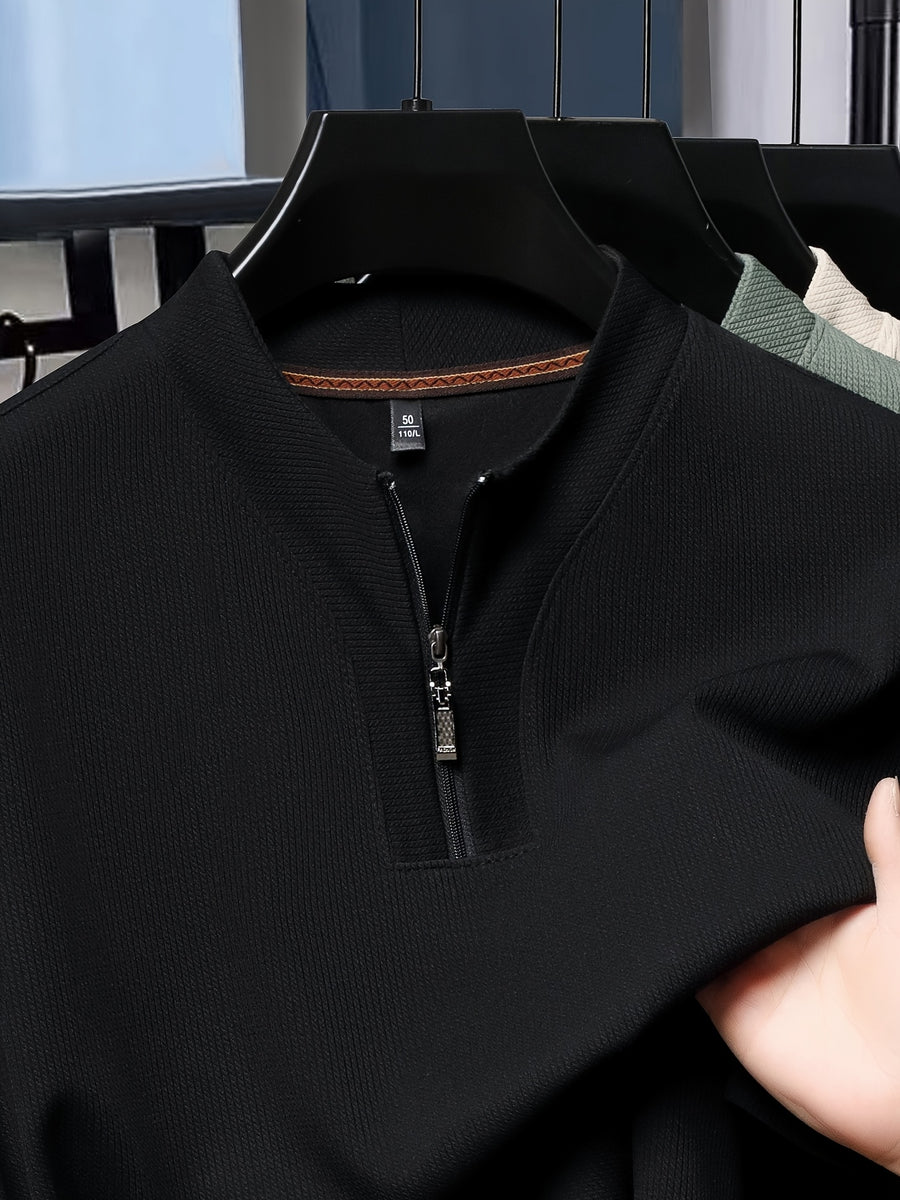 SaXing OBM New Spring/Summer Men's Polo Shirt, Solid Color Textured Ribbed Cable Knit Half-Placket Zipper Style Stand Collar Short Sleeve T-Shirt, Men's Business Casual Fashionable Breathable Versatile Henley Knit Pullover Base Layer Top - Black