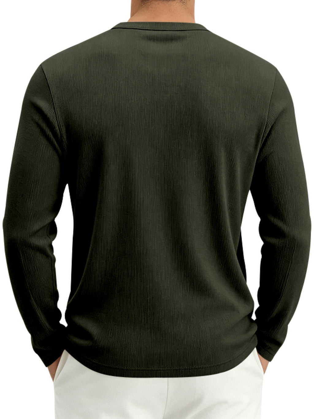 Men's Spring Fall Heavyweight Ribbed Henley Shirt, American Retro Casual Long Sleeve Top, Breathable Loose Commute Henley Neck Tee - fern green