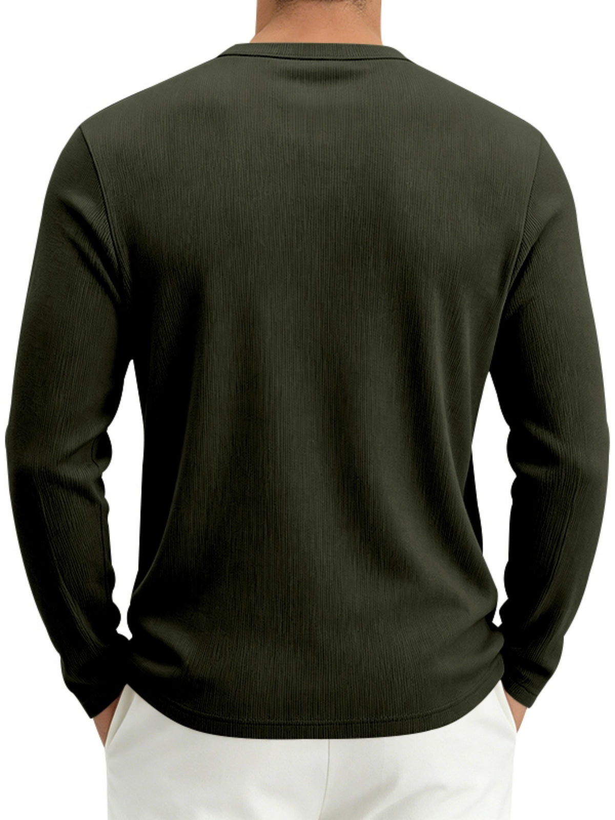 Men's Spring Fall Heavyweight Ribbed Henley Shirt, American Retro Casual Long Sleeve Top, Breathable Loose Commute Henley Neck Tee - fern green