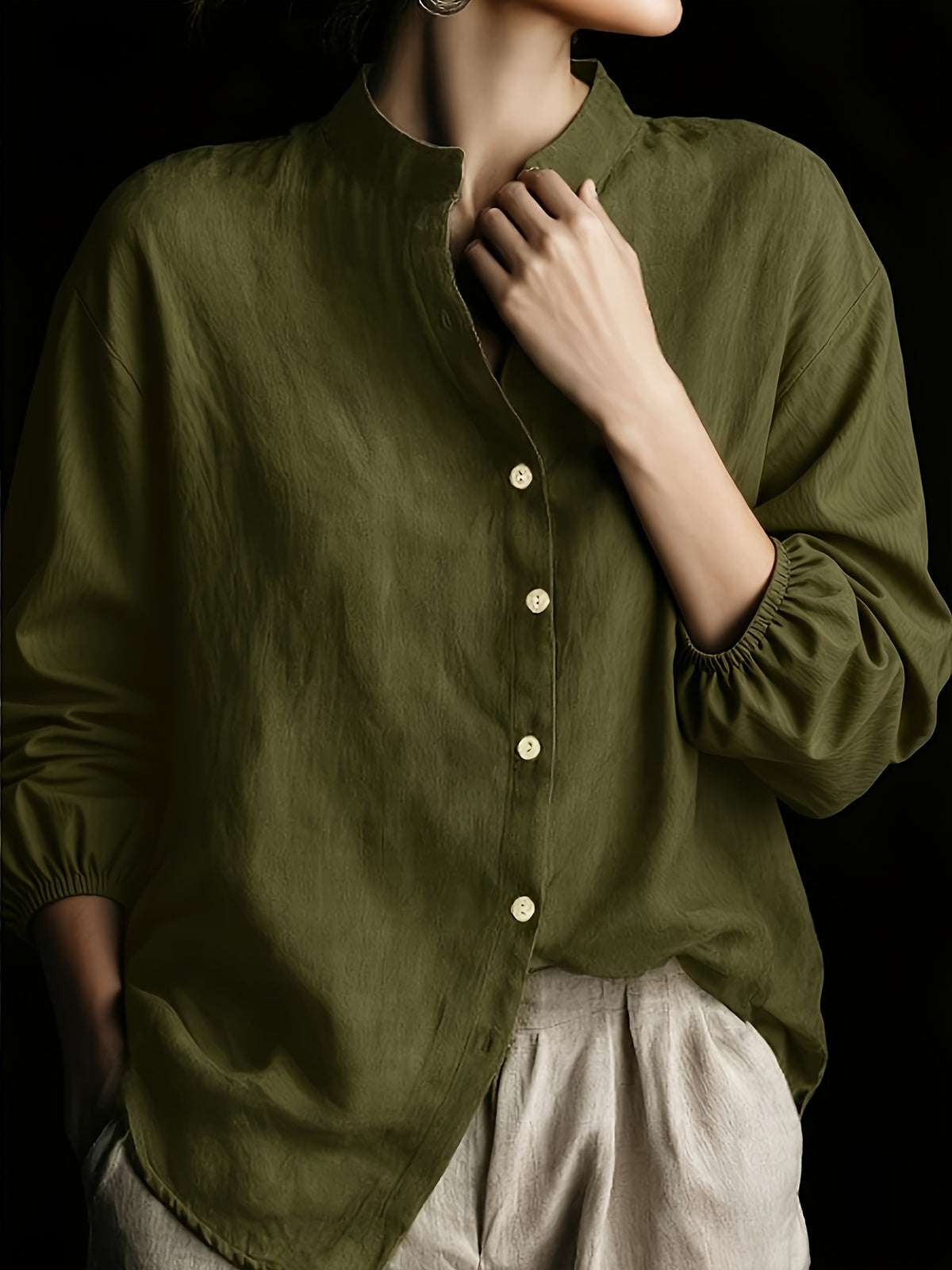 Women'S Spring Autumn Solid Color Stand-Up Collar Shirt, Casual Loose Lazy Style Long Sleeve Blouse, Retro Style Spring Autumn Versatile Temperament Top YTD Cherry - Military Green