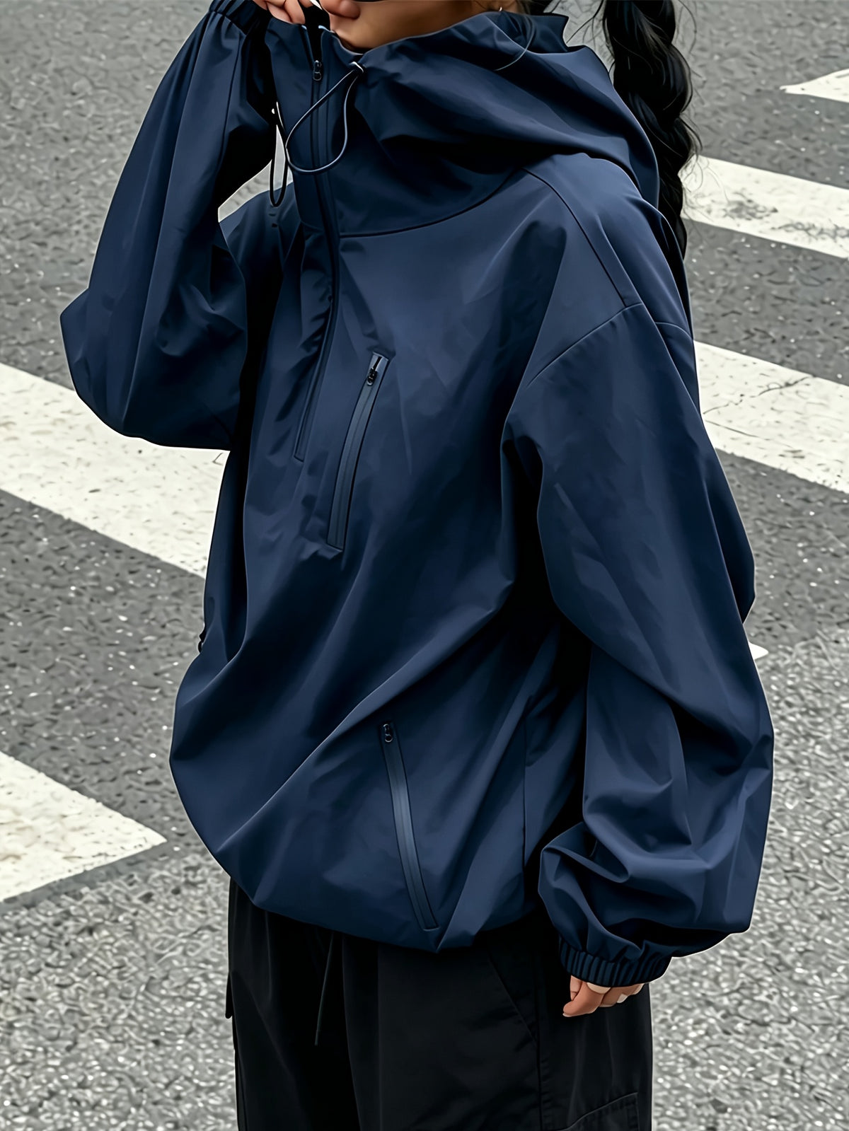 American Retro Half-Zipper Hooded Pullover Outdoor Work Jacket Women'S Spring Loose Design Pullover Jacket Casual Versatile Top - Navy Color