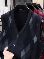 Men's Business Casual Button-Up Knit Sweater Vest - Black Gray HYX