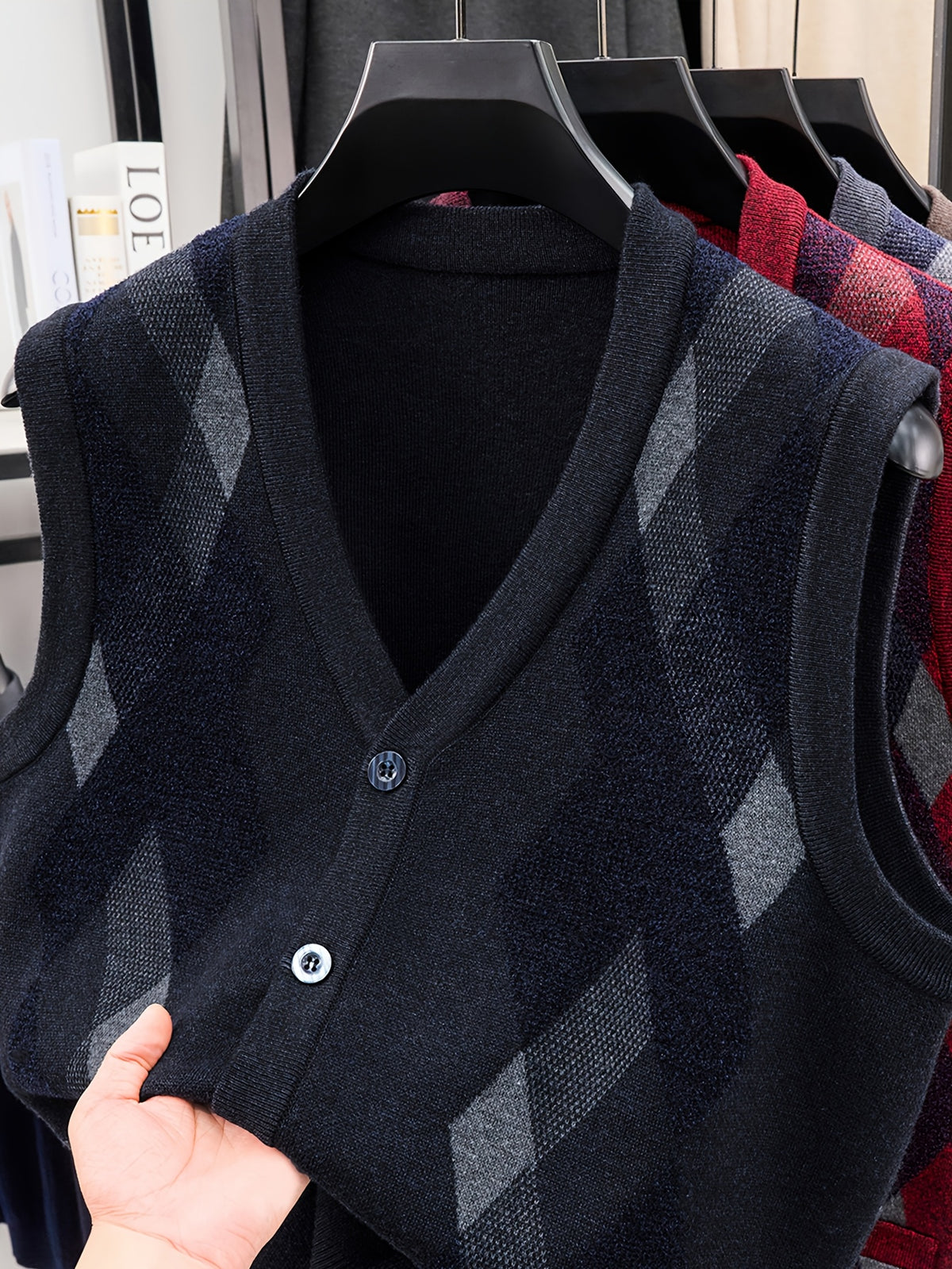 Men's Business Casual Button-Up Knit Sweater Vest - Black Gray HYX