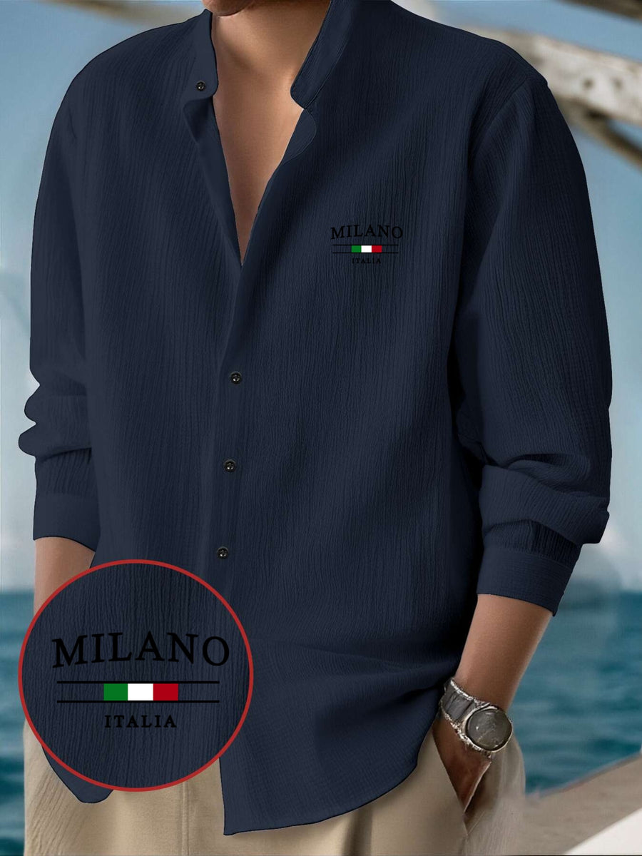 Men'S Classic Solid Color Casual Long-Sleeve Button-Up Shirt with a Stand Collar Design, Machine Washable, Featuring a Milan Italy Pattern Print, Suitable for All Seasons, Perfect for Outings, The Beach, And Everyday Wear - Navy Color