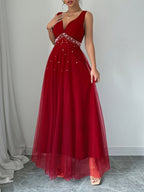 Elegant Women's Heart-Neckline Pearl Spandex Mesh Banquet Flared Long Dress, Elegant Party Dress for Spring/Summer, Suitable for Parties, Dinners, and Weddings, High-Quality Evening Gown, Modern, Elegant, and Chic Women's Long Party Dress - Red