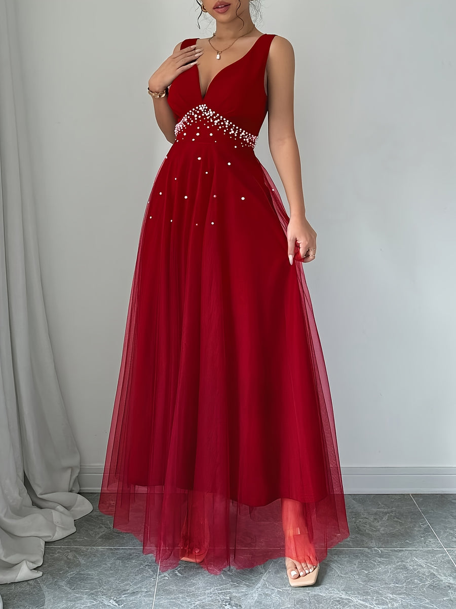 Elegant Women's Heart-Neckline Pearl Spandex Mesh Banquet Flared Long Dress, Elegant Party Dress for Spring/Summer, Suitable for Parties, Dinners, and Weddings, High-Quality Evening Gown, Modern, Elegant, and Chic Women's Long Party Dress - Red