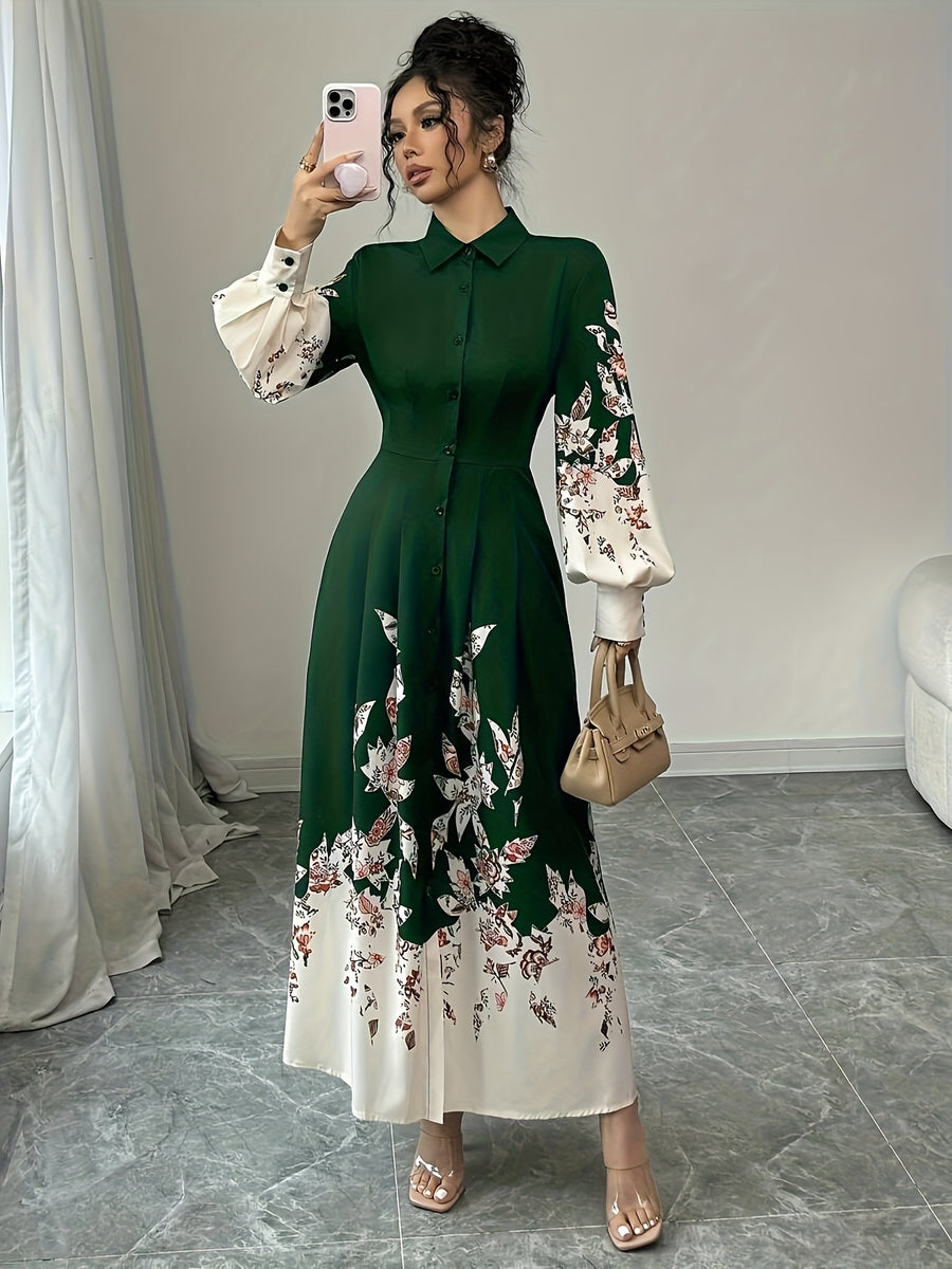 Spring and Autumn Festival Holiday Party Floral Print Lapel Collar Lantern Sleeve Button A-Line Women's Elegant Shirt Dress - Dark Green
