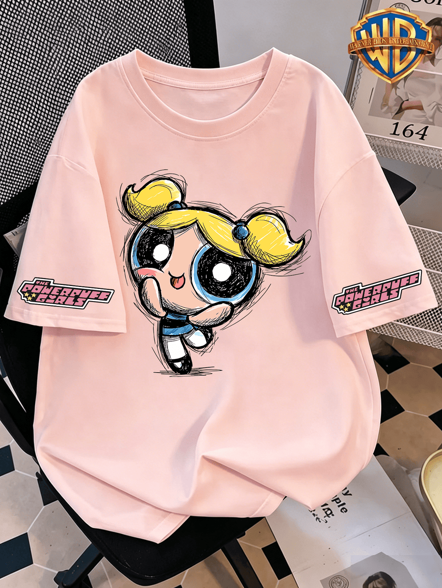Authorized by Warner, Powerpuff Bubble Sketch Graffiti Q Graphic Printed Women'S T-Shirt, Women'S Fashion Short Sleeve T-Shirt, Daily Leisure And Travel Short Sleeve T-Shirt, Women'S Clothing, The Most Appropriate Gift Choice - Pink