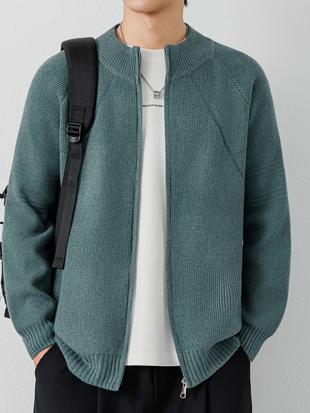 [Wading Whale OBM] 1pc Autumn Winter New Men'S Knit Cardigan, Old Money Style Textured Solid Color Round Neck Zipper Front Long Sleeve Sweater Vest Top, Men'S Casual Fashion, Suitable for Autumn And Winter Wear, Fits Daily Commute, Office Casual - Light Green
