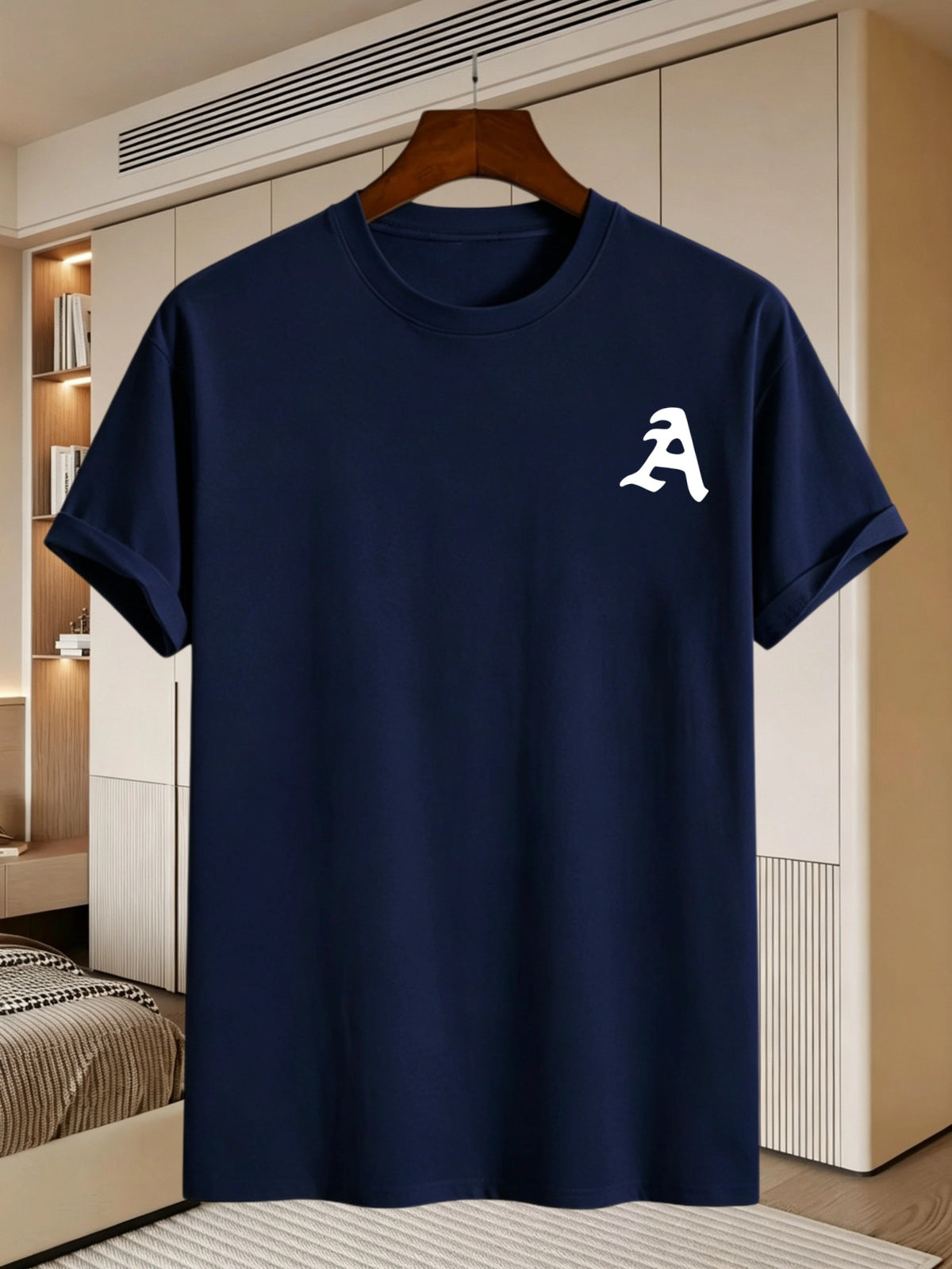 180G, 100%. Men'S Regular Fit Short Sleeve T-Shirt, Print with Location Design, High Fit Rate, All-Season Versatile - Navy Color