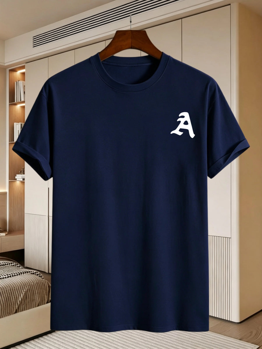 180G, 100%. Men'S Regular Fit Short Sleeve T-Shirt, Print with Location Design, High Fit Rate, All-Season Versatile - Navy Color