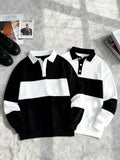 [2-Pc] Men'S Stand Collar Button-Front Polo Sweatshirt, Easy Color-Block Button Casual Pullover, Warm Daily Office Fluffy Long Sleeve Casual Polo Sweatshirt, Suitable for Fall Winter Outfit, Fleece-Lined Thickened, Ideal Gift for Friends, Husband - Black And White