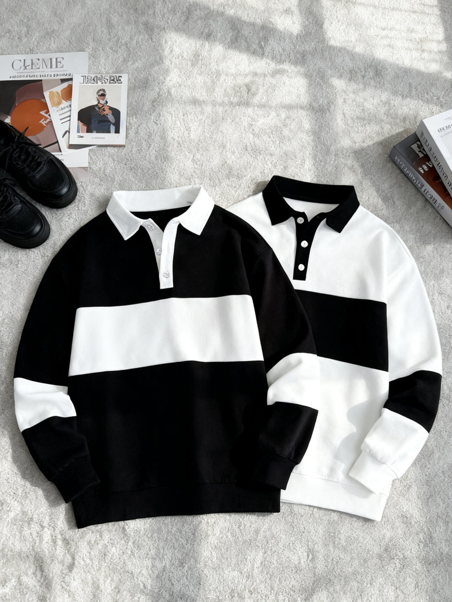 [2-Pc] Men'S Stand Collar Button-Front Polo Sweatshirt, Easy Color-Block Button Casual Pullover, Warm Daily Office Fluffy Long Sleeve Casual Polo Sweatshirt, Suitable for Fall Winter Outfit, Fleece-Lined Thickened, Ideal Gift for Friends, Husband - Black And White