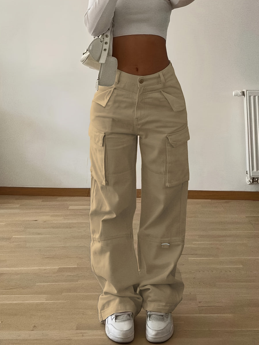 Designer Cargo Pants with Flap Pockets, Women's Elegant Casual Solid-color Trousers, Women's Pants - Khaki