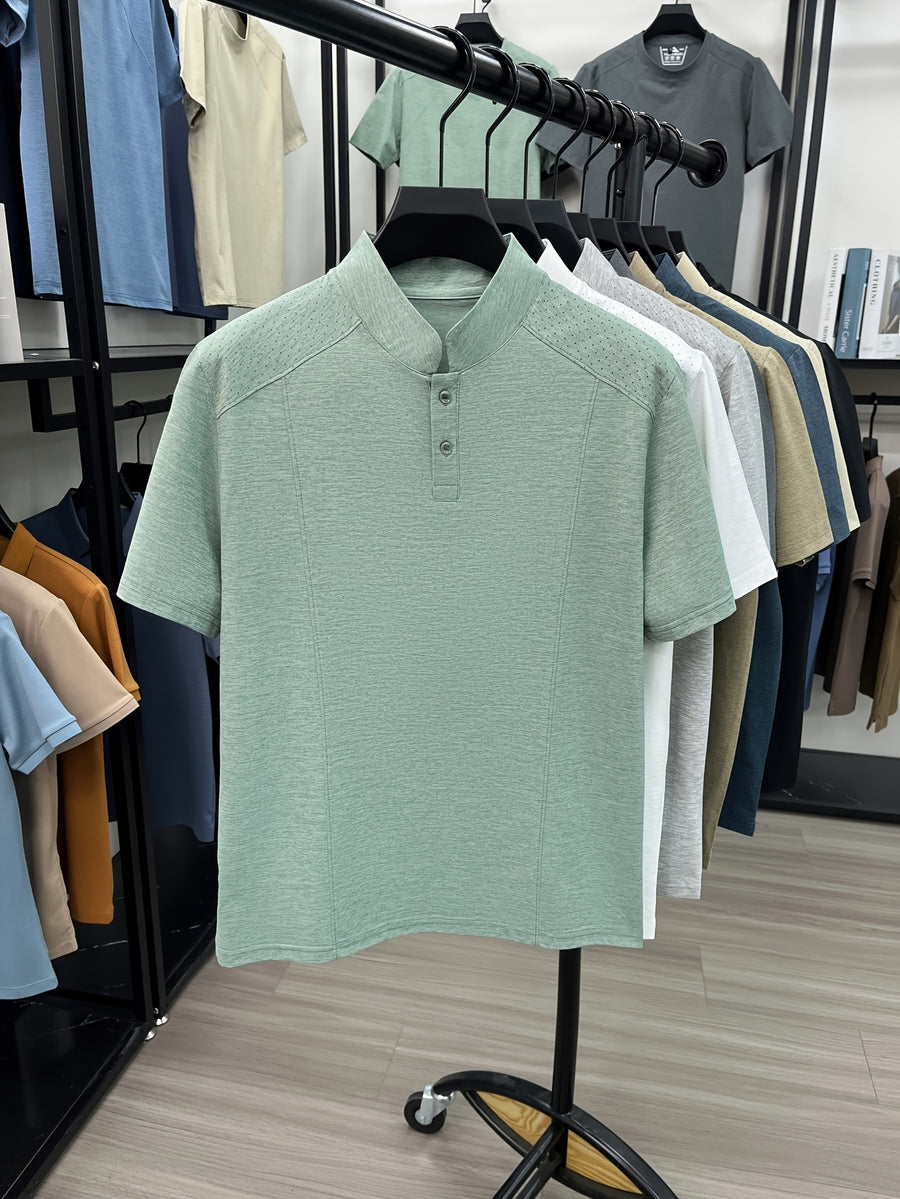 Men's New Summer Casual Stand Collar T-Shirt, Simple and Stylish Thin Breathable Versatile Short Sleeve Tee - Green