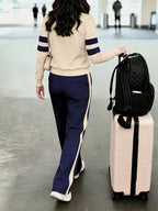 Women'S Fashion Casual Color Block Pants Set for Spring and Autumn - Navy Color