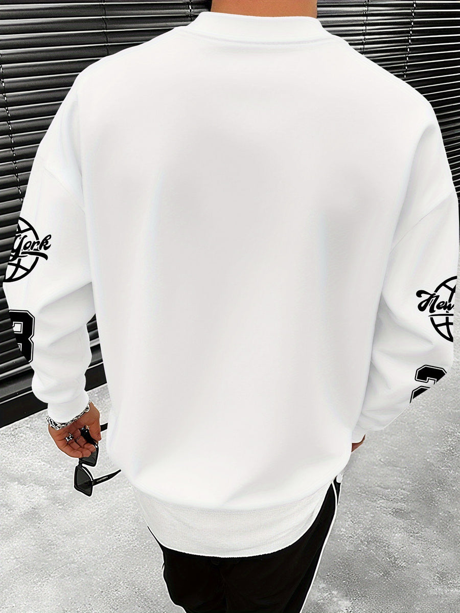 Men'S Fashion Casual "Brooklyn Victory" Letter Print Sweatshirt, Polyester Fabric, Loose Fit, Versatile Men'S Sweatshirt - Ivory White