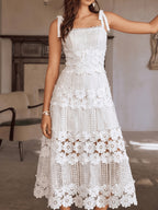 New French Elegant Heavy-Duty Three-Dimensional Flower Lace Strap Suspender Dress Women'S Waist Dating Vacation Style Temperament Mid-Length Skirt Wedding Guest Dress Dress - Ivory White