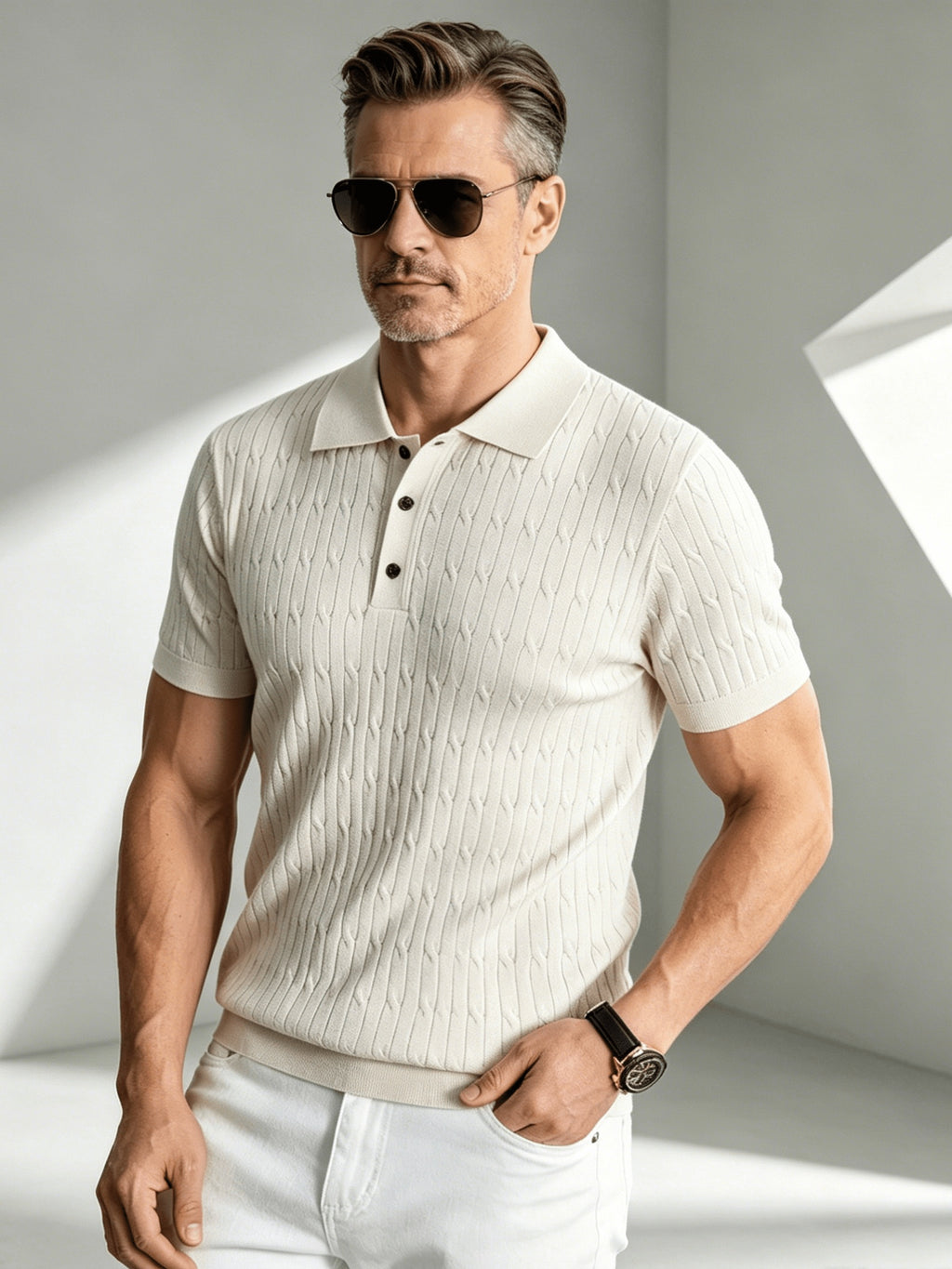 Business-mature Casual Men's Vertical Stripe Twisted Cable Knit Lapel Short-sleeve Polo Shirt, Slim-fit Lightweight Breathable Knit Top, Suitable for Daily, Office, and Weekend Outings in Summer - Apricot