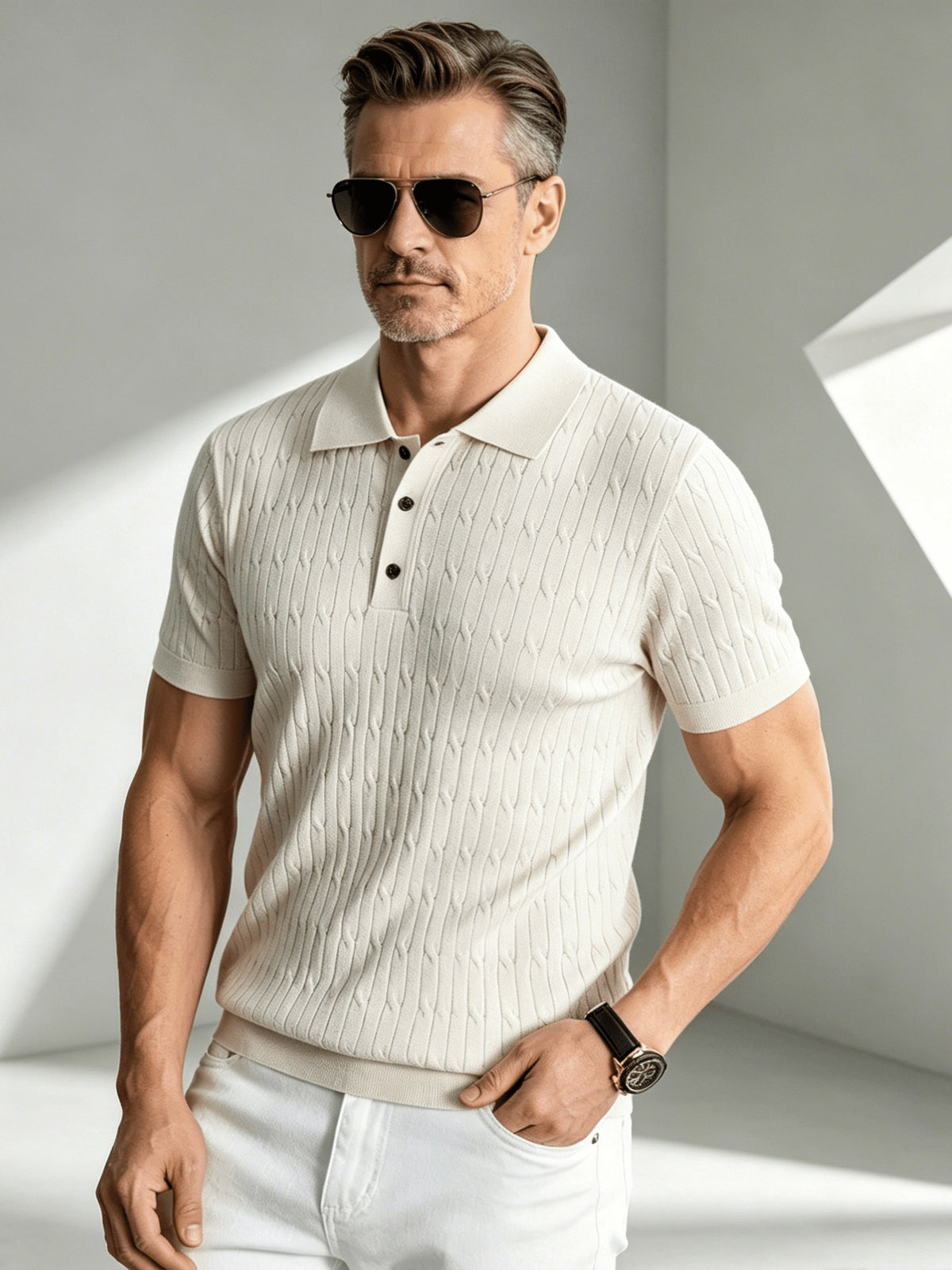 Business-mature Casual Men's Vertical Stripe Twisted Cable Knit Lapel Short-sleeve Polo Shirt, Slim-fit Lightweight Breathable Knit Top, Suitable for Daily, Office, and Weekend Outings in Summer - Apricot