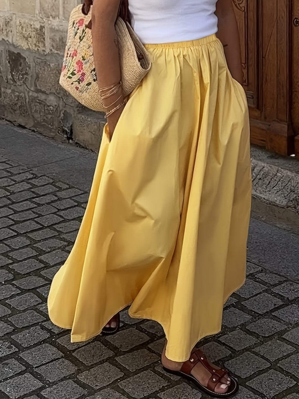 Spring/Summer Women's Elegant Style Yellow Skirt with Elastic Waistband and Pockets, Versatile for Casual Outings and Daily Wear - Yellow