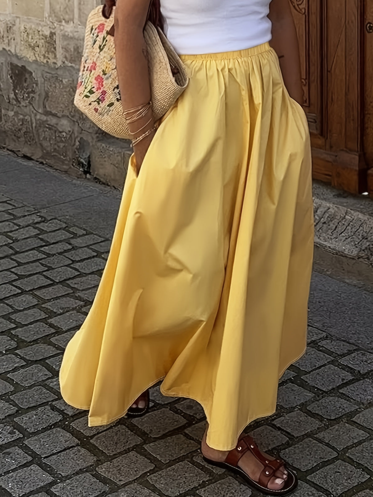 Spring/Summer Women's Elegant Style Yellow Skirt with Elastic Waistband and Pockets, Versatile for Casual Outings and Daily Wear - Yellow