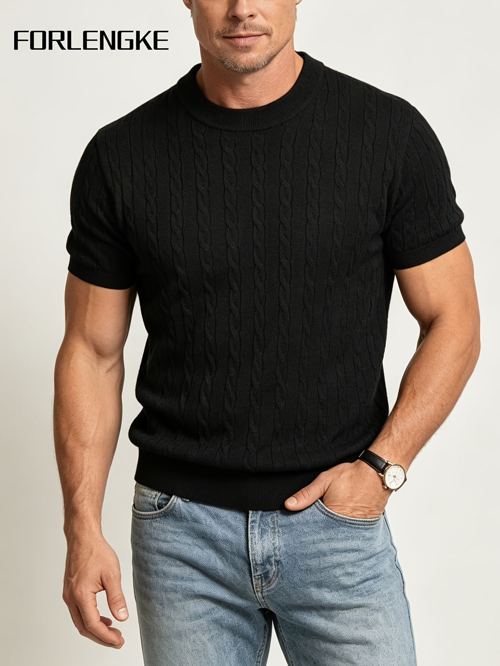 FORLENGKE Men's Summer Relaxed Holiday Style Cable Knit Crew Neck Short Sleeve T-Shirt, Soft Skin-Friendly Wrinkle-Resistant Fabric, Ideal for Summer Seaside Vacations, Market Strolls, Coffee Breaks, Short Road Trips, Friend Gatherings, and Holiday - Black