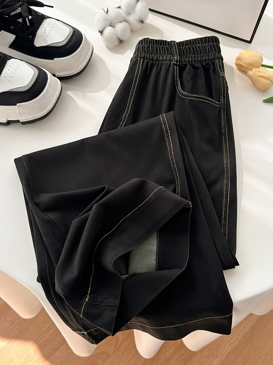 Women'S Tencel Denim Jeans, Spring/Summer Style, Thin Korean Style, High Waist, Slim Fit, Straight Leg, Wide Leg, Ice Flowy Casual Pants - Black