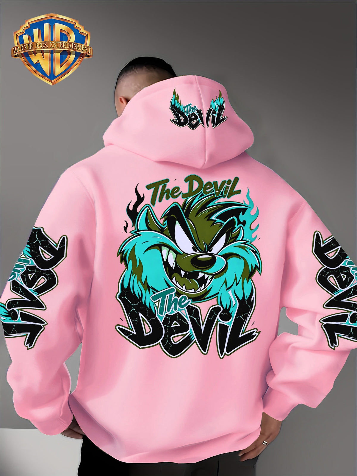 Le Yitong Big Mouth Monster The Devil Flame Print Hoodie, with Sleeve Print Design, Kangaroo Pouch And Drawstring Hood, Suitable for Autumn/Winter Casual Wear And Outdoor Activities - Pink