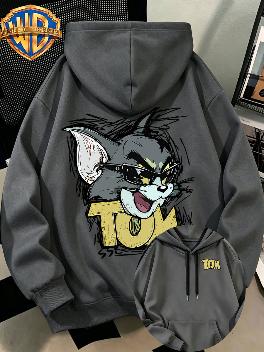 WB Men's. Official Licensed Hooded Sweater Hoodie - Retro Print (Loose Fit Hooded with Iconic WB), Machine Washable Casual Sweater Suitable for Fall/Winter, Daily Wear & for or Outings - Dark Gray