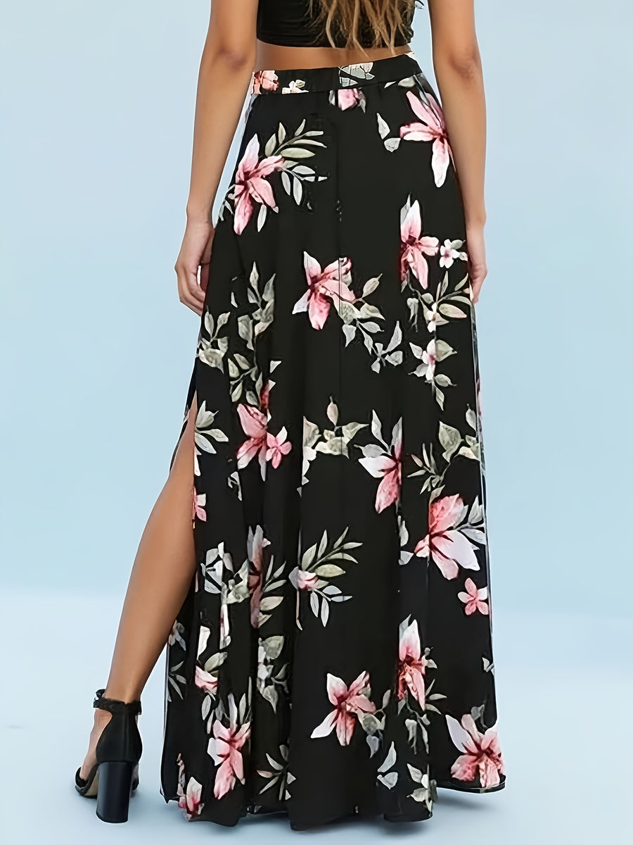 New Printed Slit Maxi Skirt, Flowy Vacation-style Long Dress - Black