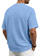 Men's Fashion Waffle Knit Raglan Sleeve V-Neck Short Sleeve Shirt, Men's V-Neck Short Sleeve T-Shirt, Chest Badge with Contrast Color Label, Stylish and Aesthetic - Sky Blue