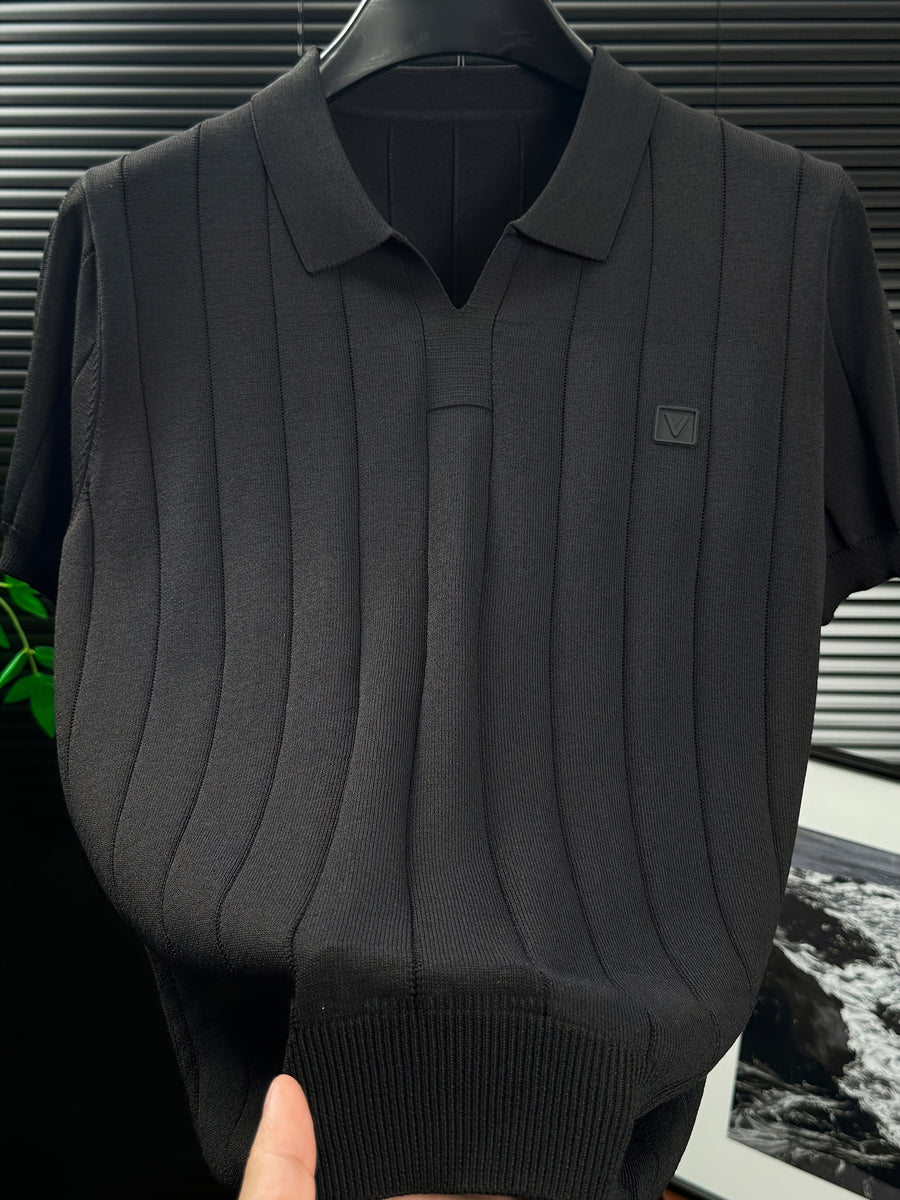 Men'S Knit Polo Shirt Short Sleeve V-Neck Vertical Stripes, Business Casual Spring Summer Commute Top, 1pc Multi-Occasion Ready - Black