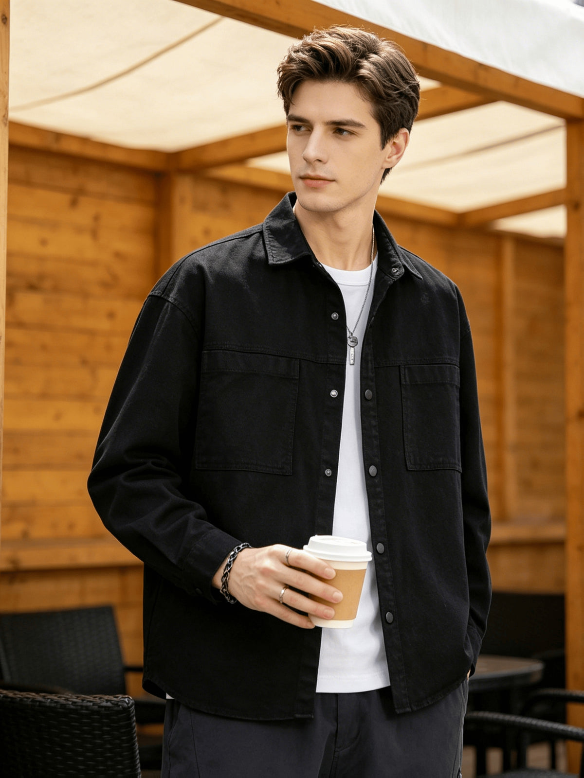 Men'S Cargo Long Sleeve Shirt, Pure Casual Blouse Loose Multi-Pocket Design Breathable Durable Fabric Street Outing Light Outdoor Camping Versatile Casual Top - Black
