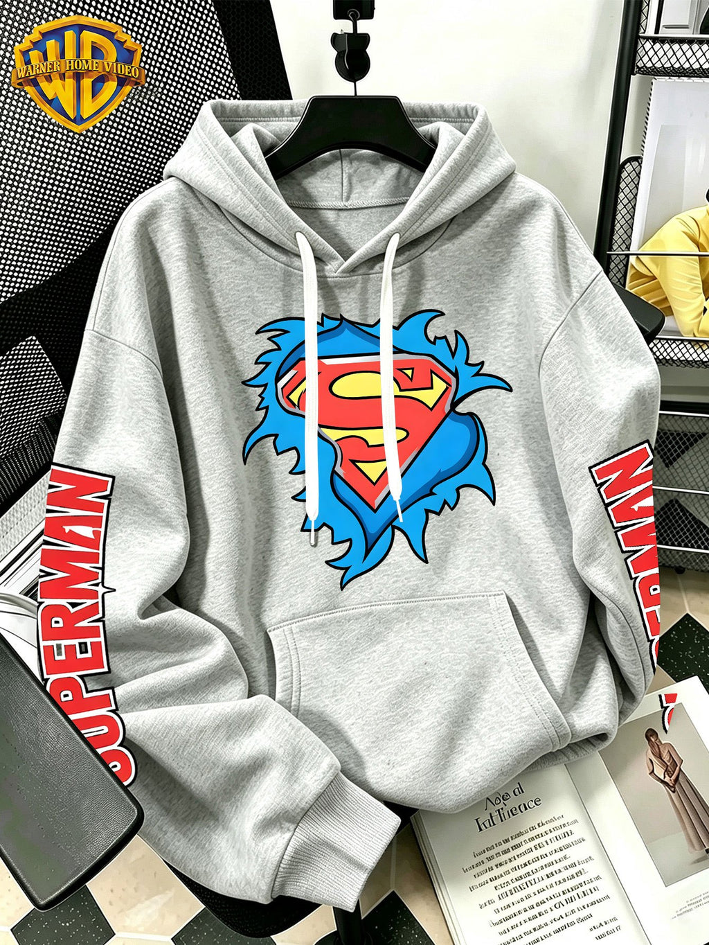 [Warner Bros] Licensed Men'S New Trendy Hoodie DC Superman Ripped Logo Print Casual Hooded Sweatshirt Everyday Drawstring Loose Pullover Machine Washable All-Match Sports Casual Men'S Top - Light Grey